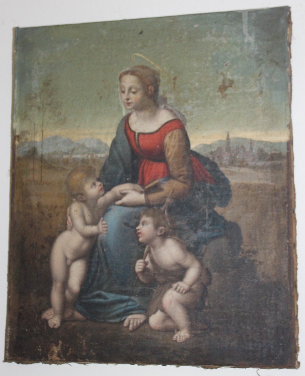 "MADONNA CON GESù BAMBINO E SAN GIOVANNINO" COPIA DEL XVIII SECOLO DI RAFFAELLO.-photo-2
