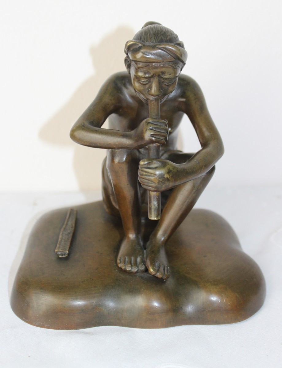 SUONATORE DI FLAUTO IN BRONZO, VIETNAM CIRCA 1930.-photo-2