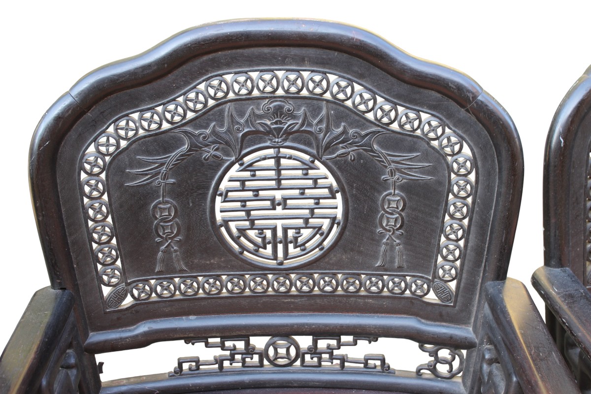 4 sedie orientali in legno esotico intagliato, 1900 circa.-photo-2