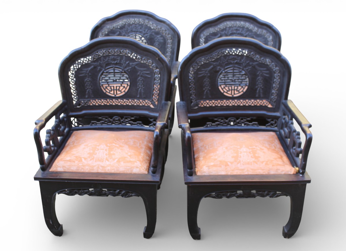 4 sedie orientali in legno esotico intagliato, 1900 circa.-photo-4