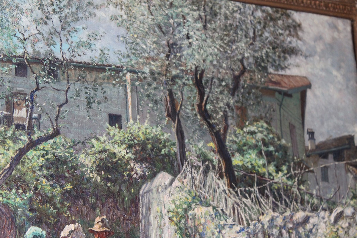 PIERO FOCARDI "QUATTRO CHIACCHERE VICINO CASA" GRANDE OLIO SU TELA, DATATO 1929.-photo-3