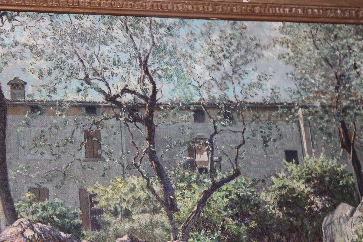 PIERO FOCARDI "QUATTRO CHIACCHERE VICINO CASA" GRANDE OLIO SU TELA, DATATO 1929.-photo-3