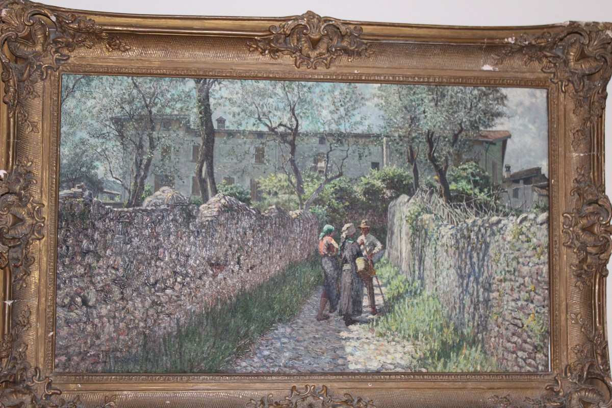 PIERO FOCARDI "QUATTRO CHIACCHERE VICINO CASA" GRANDE OLIO SU TELA, DATATO 1929.