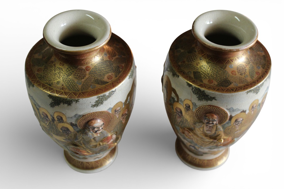 COPPIA DI VASI SATSUMA, FIRMATI HODODA, MEIJI PERIODO, FINE DEL XIX SECOLO.-photo-3