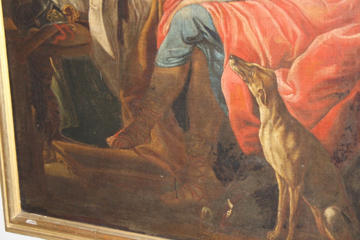 "ATLANTA PIANGE MELEAGRO MORENTE" GRANDE OLIO SU TELA, DELLA FINE DEL XVIII SECOLO.-photo-3