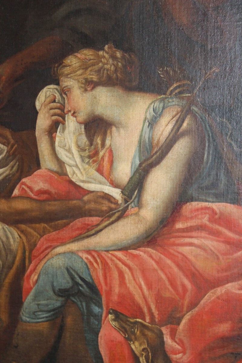 "ATLANTA PIANGE MELEAGRO MORENTE" GRANDE OLIO SU TELA, DELLA FINE DEL XVIII SECOLO.-photo-4