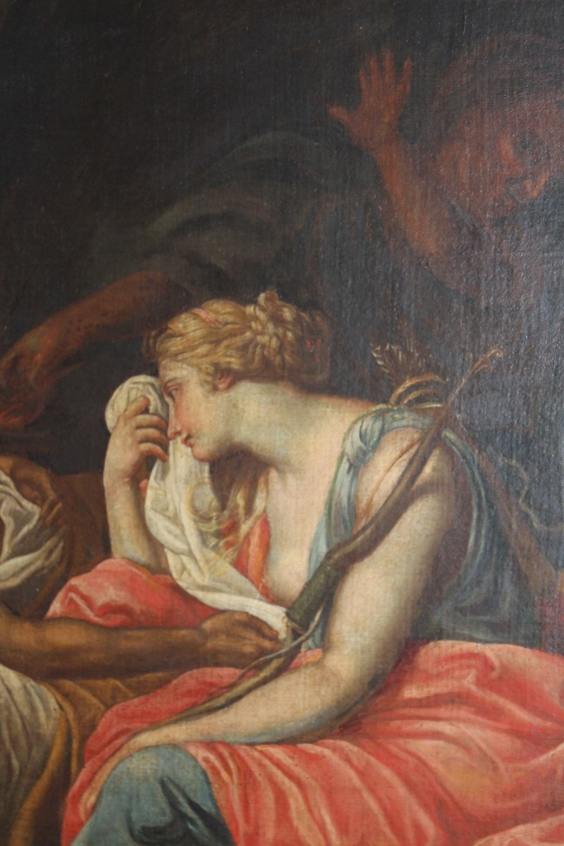 "ATLANTA PIANGE MELEAGRO MORENTE" GRANDE OLIO SU TELA, DELLA FINE DEL XVIII SECOLO.-photo-2