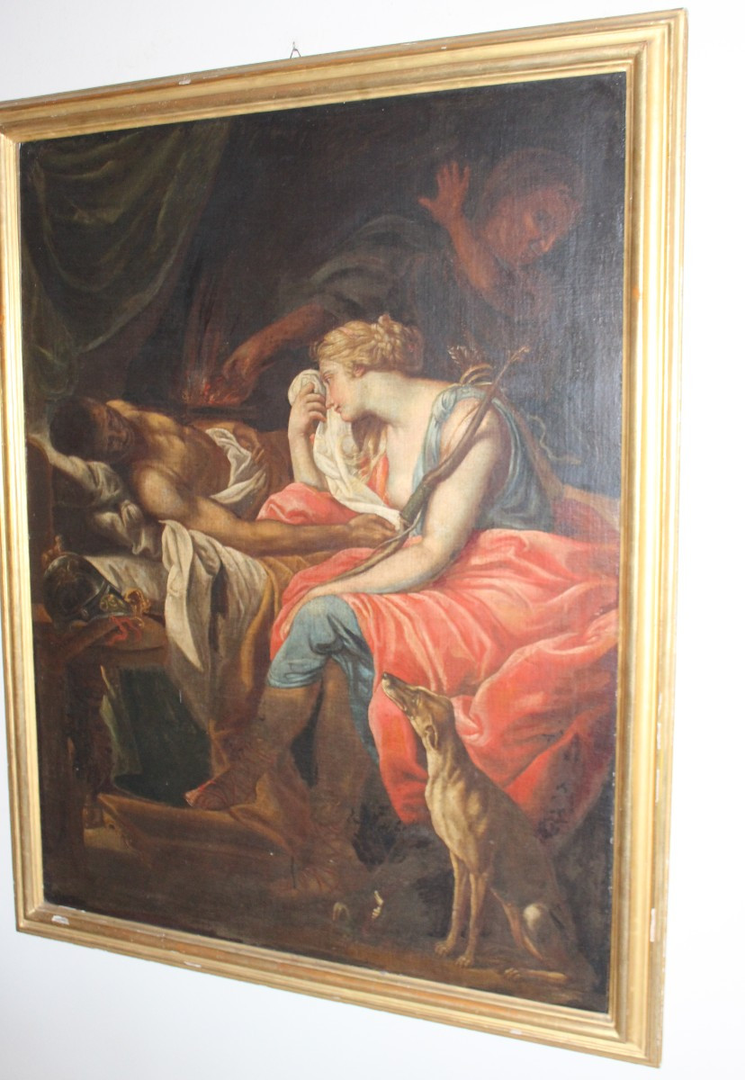 "ATLANTA PIANGE MELEAGRO MORENTE" GRANDE OLIO SU TELA, DELLA FINE DEL XVIII SECOLO.