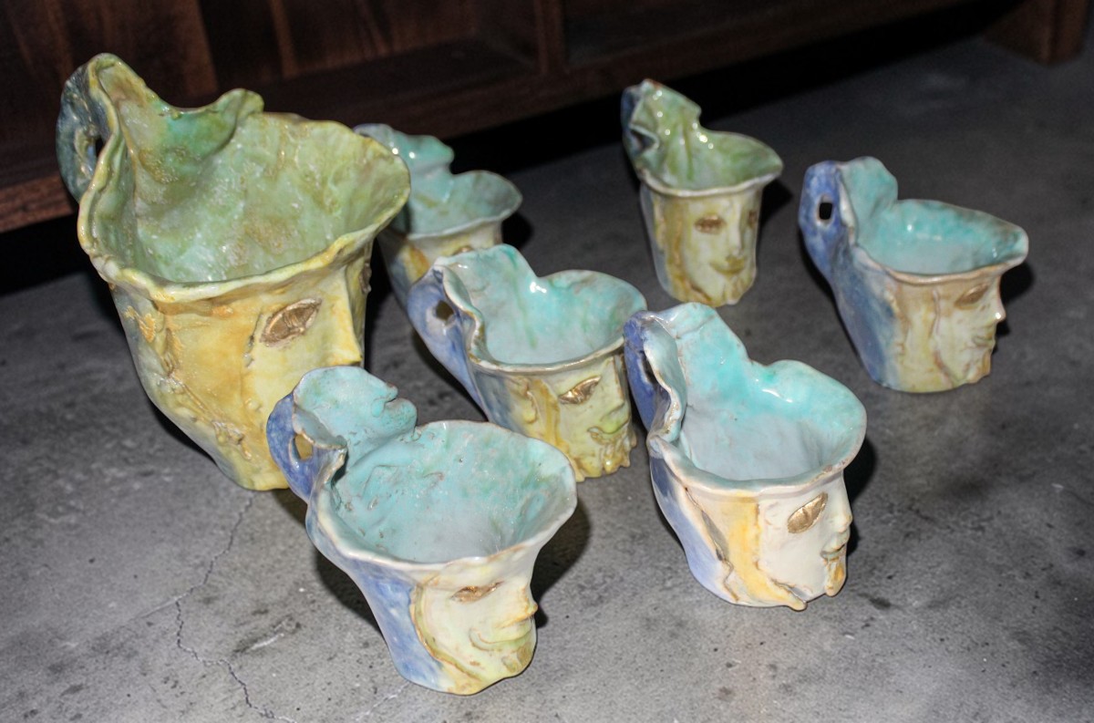 LINO BERZOINI (1893-1971) SERIE COMPLETA DI UNA CARAFFA E SEI BICCHIERIN, ANNI '50.-photo-2