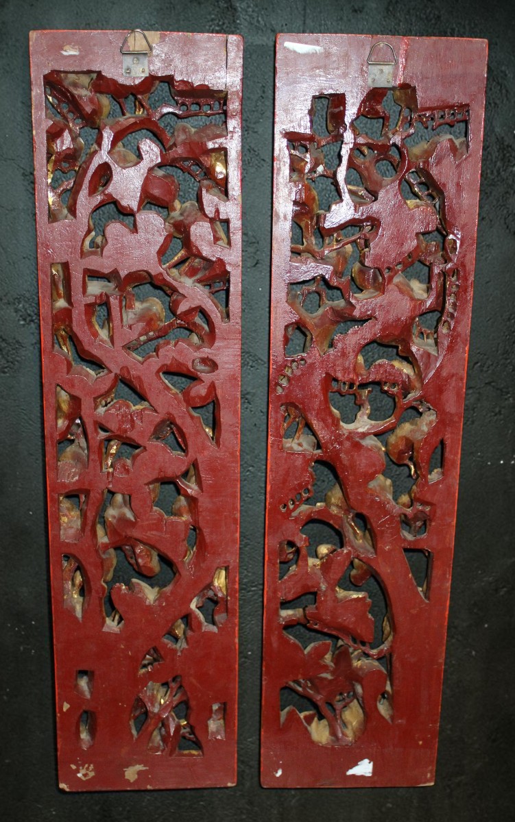 COPPIA DI PANNELLI CINESI IN LEGNO INTAGLIATO E DORATO, CINA 1920-1930.-photo-4