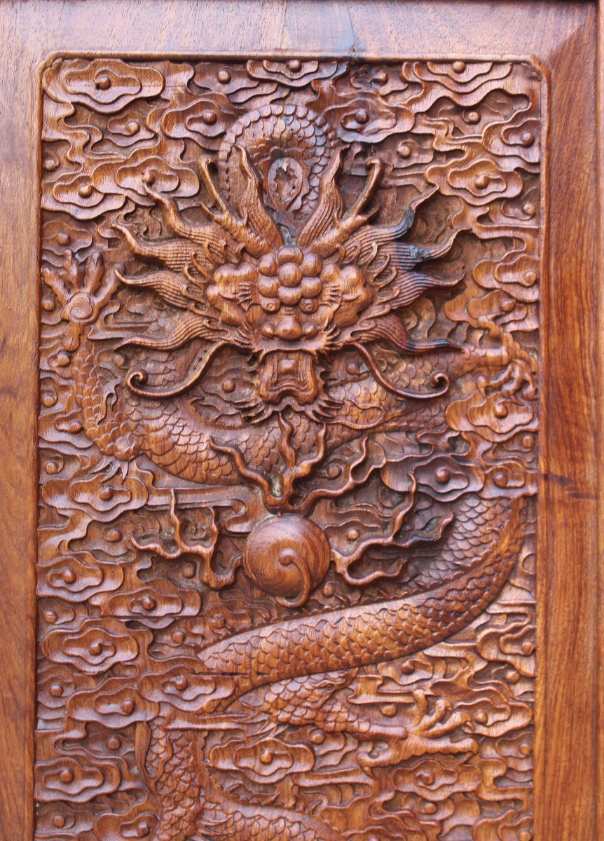 GRANDE PARAVENTO CINESE IN LEGNO ESOTICO CON DRAGHI TRA LE NUVOLE, CINA XX SECOLO.-photo-7