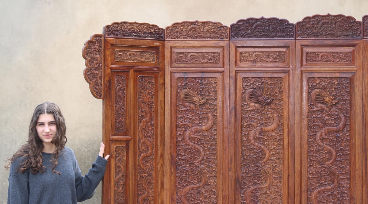 GRANDE PARAVENTO CINESE IN LEGNO ESOTICO CON DRAGHI TRA LE NUVOLE, CINA XX SECOLO.-photo-4