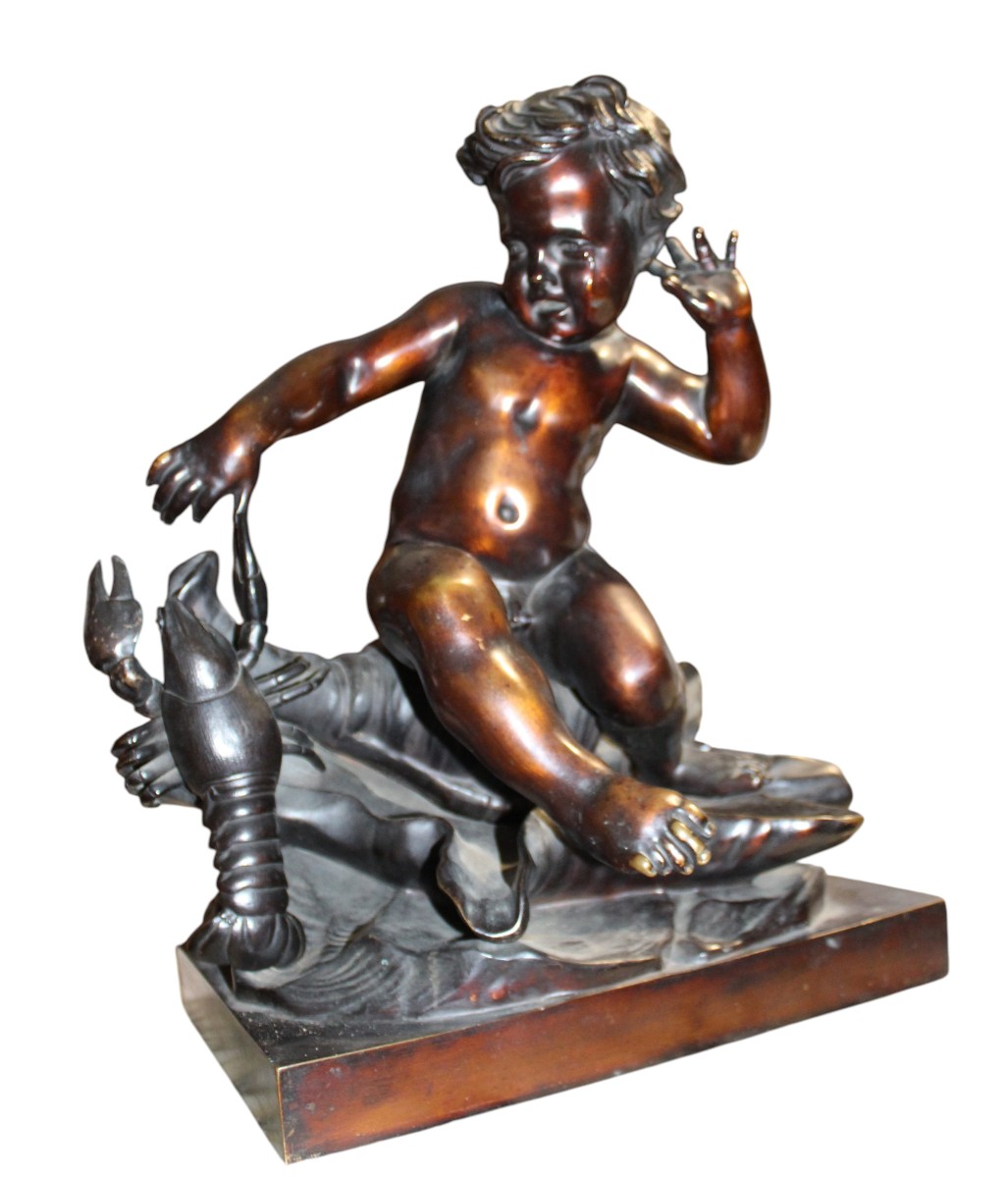 SCULTURA IN BRONZO DA PIGALLE, "BAMBINO PIZZICATO DALLA CHELA DI UN GAMBERO", FINE XIX SECOLO.-photo-2