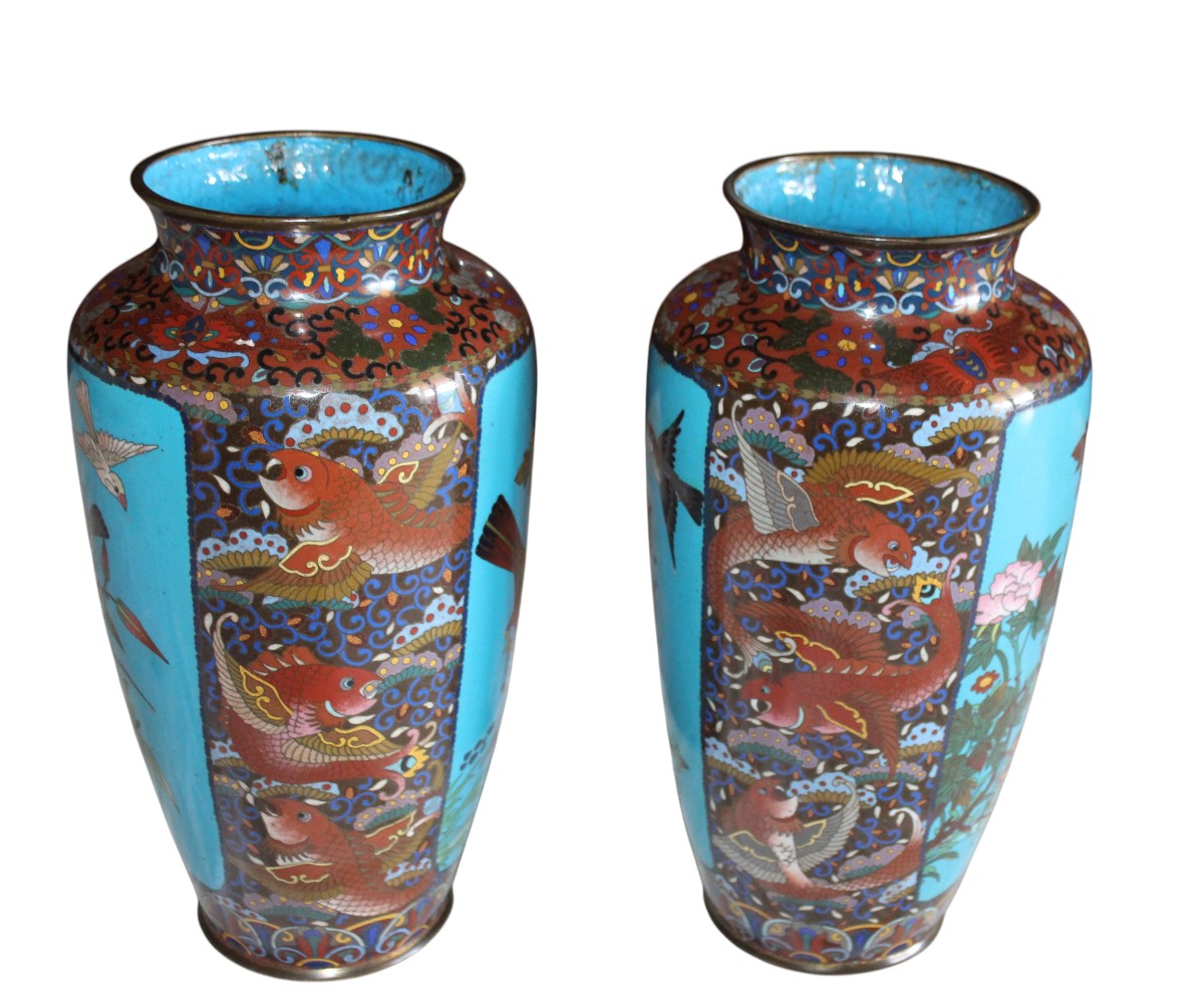 COPPIA DI VASI CLOISONNè GIAPPONESI, MEIJI PERIODO, FINE DEL XIX SECOLO.-photo-2