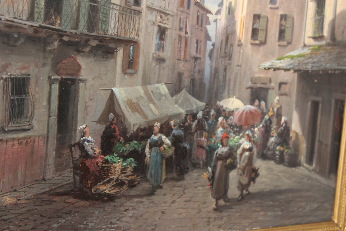 EUGENIO AMUS (BRESCIA 1834-BORDEAUX 1899), OLIO SU TELA "SCENA DI MERCATO", XIX SECOLO.
