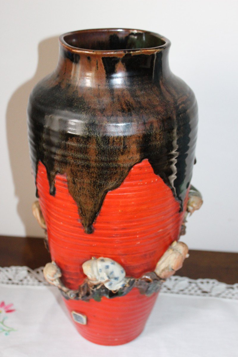 Vase Japonais En Gres Avec Applications En Porcelaine De Singe, Epoque Meiji Fine XIX Siecle.-photo-4