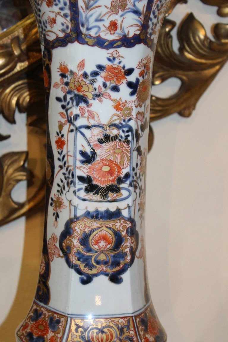 Vase Cornet Arita, Japon XVIII Siecle, Decor Imari, Monture En Bronze-photo-2