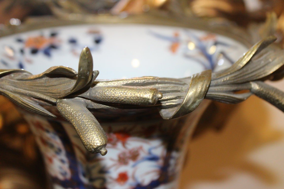 Vase Cornet Arita, Japon XVIII Siecle, Decor Imari, Monture En Bronze-photo-4