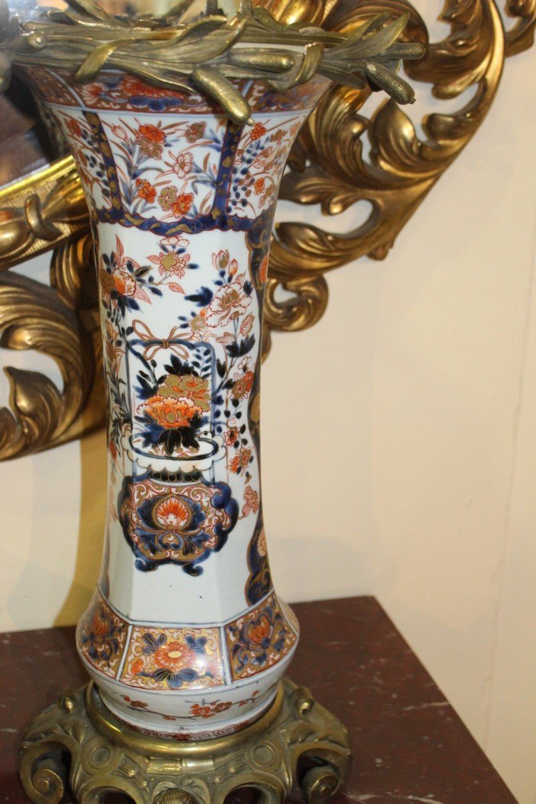Vase Cornet Arita, Japon XVIII Siecle, Decor Imari, Monture En Bronze-photo-2
