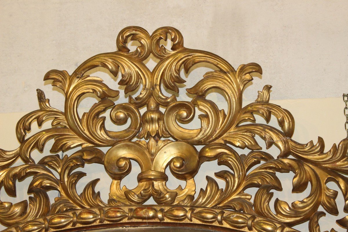 Tres Grand Miroir Ovale En Bois Sculptè Et Dorè, Italie XIX Siecle-photo-2