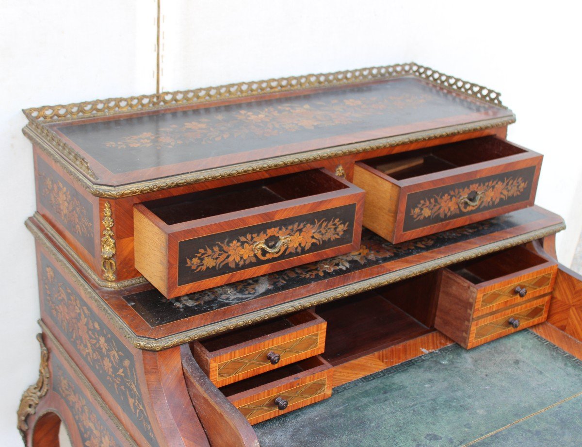 Bureau/secretaire de dame En Marqueterie Et Bronze Dorè, Epoque Napoleon III, XIX Siecle-photo-3