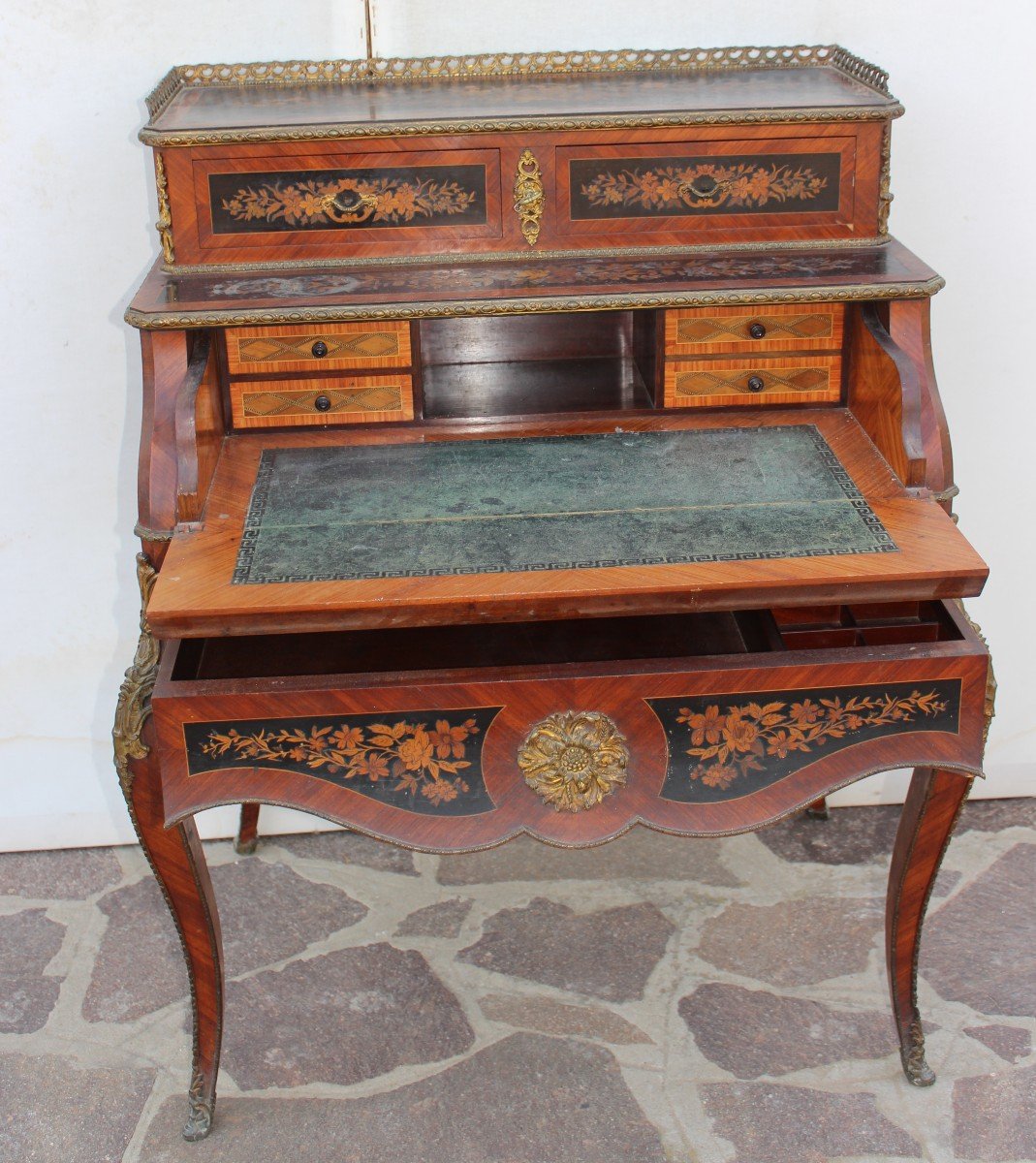 Bureau/secretaire de dame En Marqueterie Et Bronze Dorè, Epoque Napoleon III, XIX Siecle-photo-2