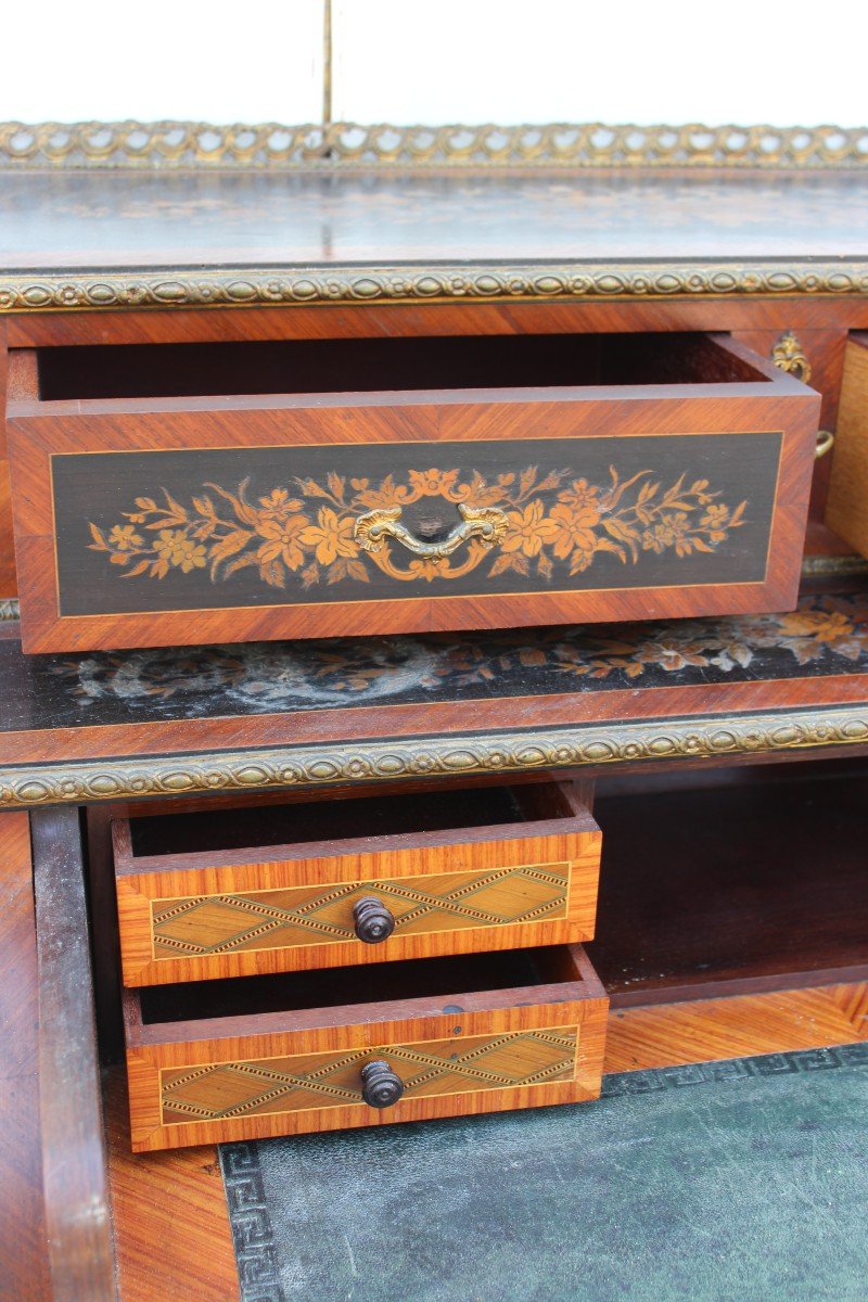 Bureau/secretaire de dame En Marqueterie Et Bronze Dorè, Epoque Napoleon III, XIX Siecle-photo-4