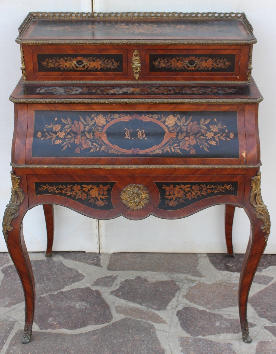 Bureau/secretaire de dame En Marqueterie Et Bronze Dorè, Epoque Napoleon III, XIX Siecle