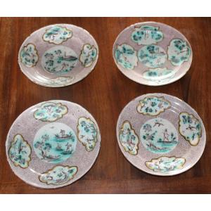 QUATTRO PIATTI IN MAIOLICA POLICROMA, SAVONA XVIII SECOLO, BOTTEGA DI ANGELO LEVANTINO.