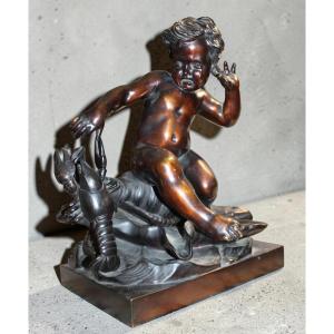 SCULTURA IN BRONZO DA PIGALLE, "BAMBINO PIZZICATO DALLA CHELA DI UN GAMBERO", FINE XIX SECOLO.
