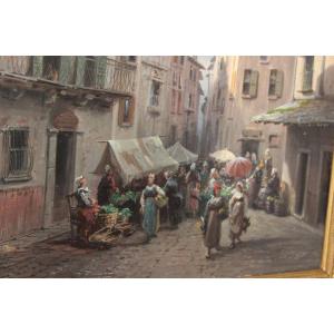 EUGENIO AMUS (BRESCIA 1834-BORDEAUX 1899), OLIO SU TELA "SCENA DI MERCATO", XIX SECOLO.