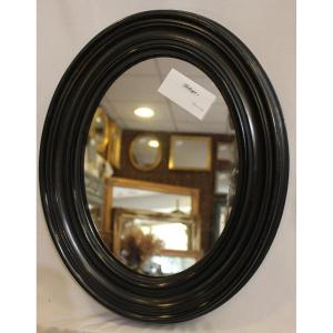 Napoleon III Mirror, Oval Blackened Lacquered Wood, Mercury Glass 34 X 43 Cm