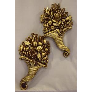 Pair Of Carved And Gilded Wood Cornucopias 42 X 25 Cm
