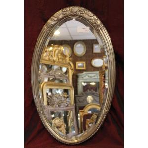 Art-deco Silver Metal Oval Mirror (süe Et Mare), Beveled Glass 52 X 83 Cm