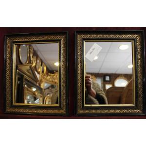 Pair Of Napoleon III Rectangle Mirrors, Black And Gold 28 X 34 Cm