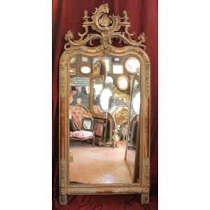 85 X 185 Cm Large Antique Mirror With Fronton, Gold Leaf And Patina, Mercury Glaze