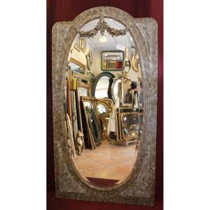 89 X 169 Cm, Large Louis XVI Style Full-length Mirror, Patinated Wood, Beveled Oval Glass