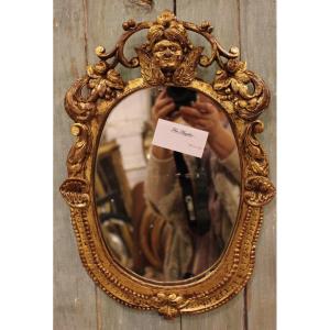 30 X 44 Cm Antique Mirror In Italian Gothic Style Carved And Gilded Wood, Mercury Glass