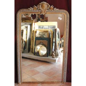 107 X 173 Cm Napoleon III Pearl Mirror, Louis XV Style Pediment Decoration, Gold Leaf And Patina