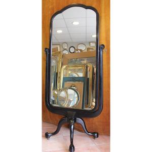 86 X 177 Cm, Psyche Mirror, 19th Century Chippendale Style, Black Lacquered Wood