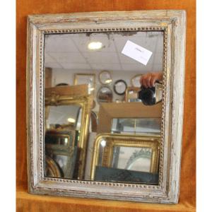 43 X 51 Cm, Antique Louis XVI Beaded Mirror, Patinated Wood, Mercury Glass.