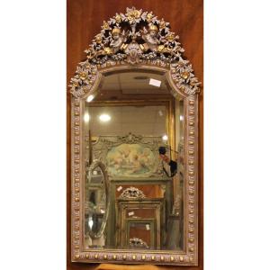 87 X 166 Cm Antique 19th Century Fireplace Mirror, Gold Leaf And Patina, Decorated With Musical Angels.