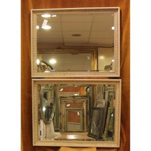 69 X 89 Cm Pair Of Rectangular Mirrors With Beaded And Patinated Gilt Edges, Beveled Glass