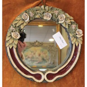 33 Cm Diameter, Round Mirror, Ceramic With Floral Decoration
