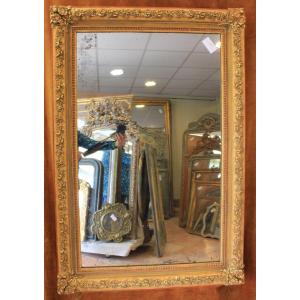 88 X 130 Cm Antique 19th Century Rectangle Mirror, Patina And Gold Leaf, Mercury Glass