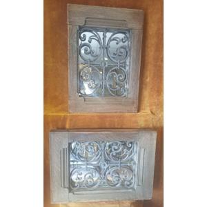 40 X 57 Cm Pair Of Antique Mirrors, Solid Oak Frame With 19th Century Wrought Iron Transom