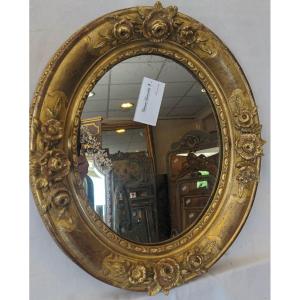38 X 45 Cm 19th-century Oval Mirror, Regency Style, Gold Leaf, Mercury