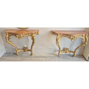 Pair Of Gilded Louis XV Side Tables, 102 Cm