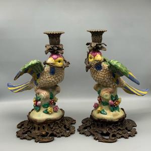Pair Of Porcelain And Bronze Candlesticks