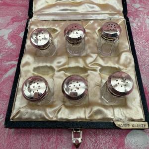 Set Of 6 Art Deco Crystal And Silver Salt Shakers By Emile Puiforcat